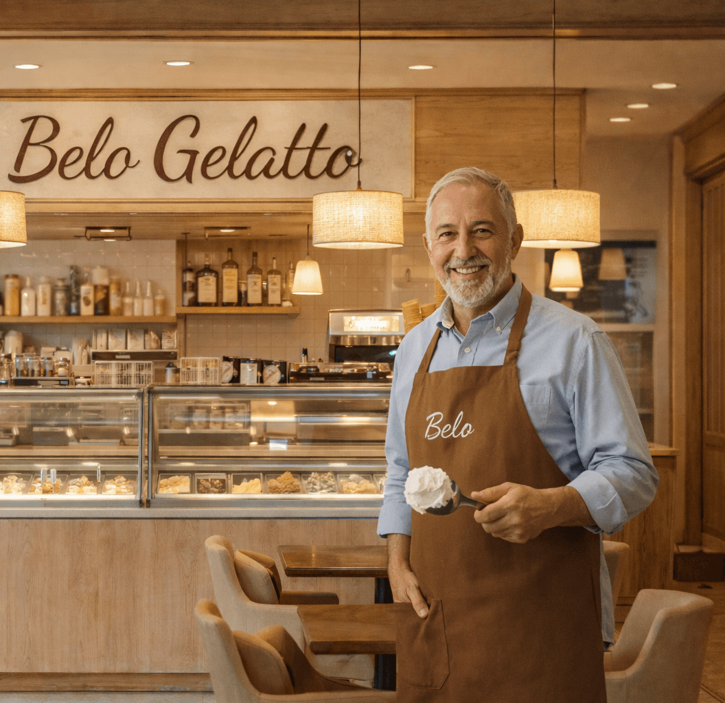 Carlos Beloqui adentro de Belo Gelatto, sirviendo helado