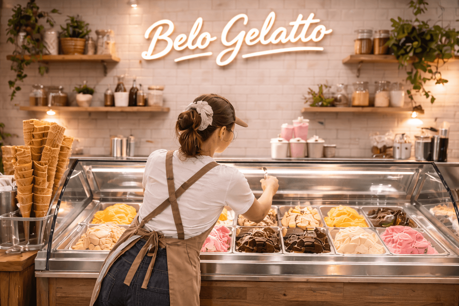 Vendedora sirviendo helado