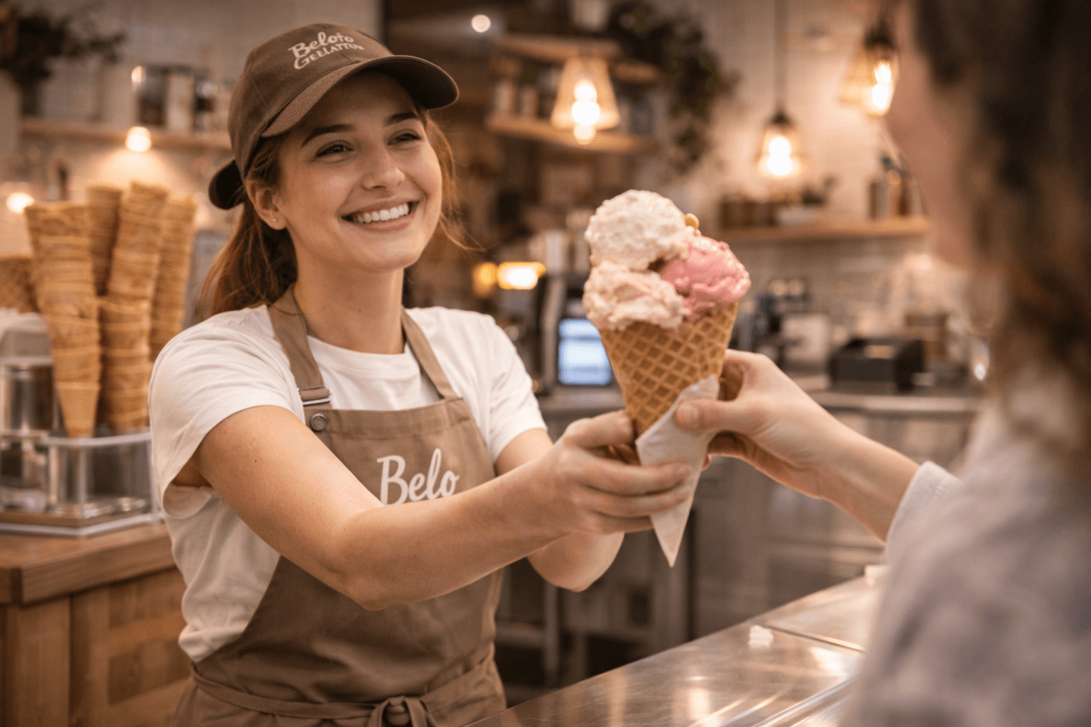 Vendedora entregandole un cucurucho de helado a una clienta